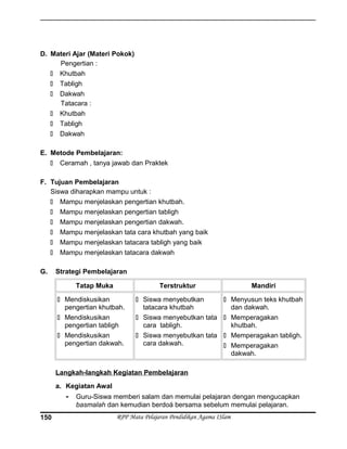 D. Materi Ajar (Materi Pokok)
Pengertian :
 Khutbah
 Tabligh
 Dakwah
Tatacara :
 Khutbah
 Tabligh
 Dakwah
E. Metode Pembelajaran:
 Ceramah , tanya jawab dan Praktek
F. Tujuan Pembelajaran
Siswa diharapkan mampu untuk :
 Mampu menjelaskan pengertian khutbah.
 Mampu menjelaskan pengertian tabligh
 Mampu menjelaskan pengertian dakwah.
 Mampu menjelaskan tata cara khutbah yang baik
 Mampu menjelaskan tatacara tabligh yang baik
 Mampu menjelaskan tatacara dakwah
G. Strategi Pembelajaran
Tatap Muka Terstruktur Mandiri
 Mendiskusikan
pengertian khutbah.
 Mendiskusikan
pengertian tabligh
 Mendiskusikan
pengertian dakwah.
 Siswa menyebutkan
tatacara khutbah
 Siswa menyebutkan tata
cara tabligh.
 Siswa menyebutkan tata
cara dakwah.
 Menyusun teks khutbah
dan dakwah.
 Memperagakan
khutbah.
 Memperagakan tabligh.
 Memperagakan
dakwah.
Langkah-langkah Kegiatan Pembelajaran
a. Kegiatan Awal
- Guru-Siswa memberi salam dan memulai pelajaran dengan mengucapkan
basmalah dan kemudian berdoá bersama sebelum memulai pelajaran.
RPP Mata Pelajaran Pendidikan Agama ISlam150
 