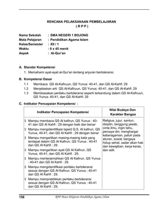 RENCANA PELAKSANAAN PEMBELAJARAN
( R P P )
Nama Sekolah : SMA NEGERI 1 BOJONG
Mata Pelajaran : Pendidikan Agama Islam
Kelas/Semester : XII / 1
Waktu : 6 x 45 menit
Aspek : Al-Qur’an
A. Standar Kompetensi
1. Memahami ayat-ayat al-Qur’an tentang anjuran bertoleransi.
B. Kompetensi Dasar
1.1 Membaca QS Al-Kafiruun, QS Yunus: 40-41, dan QS Al-Kahfi: 29
1.2 Menjelaskan arti QS Al-Kafiruun, QS Yunus: 40-41, dan QS Al-Kahfi: 29
1.3 Membiasakan perilaku bertoleransi seperti terkandung dalam QS Al-Kafiruun,
QS Yunus: 40-41, dan QS Al-Kahfi: 29
C. Indikator Pencapaian Kompetensi :
Indikator Pencapaian Kompetensi
Nilai Budaya Dan
Karakter Bangsa
 Mampu membaca QS Al kafirun, QS Yunus : 40-
41 dan QS Al Kahfi : 29 dengan baik dan benar
 Mampu mengidentifikasi tajwid Q.S. Al kafirun, QS
Yunus, 40-41, dan QS Al Kahfi : 29 dengan benar
 Mampu mengartikan masing-masing kata yang
terdapat dalam QS Al Kafirun, QS Yunus : 40-41
dan QS Al Kahfi : 29.
 Mampu mengartikan ayat QS Al Kafirun, QS
Yunus, 40-41, dan QS Al Kahfi : 29.
 Mampu menterjemahkan QS Al Kafirun, QS Yunus
: 40-41 dan QS Al Kahfi : 29.
 Mampu mengidentifikasi perilaku bertoleransi
sesuai dengan QS Al Kafirun, QS Yunus : 40-41
dan QS Al Kahfi : 29.
 Mampu mempraktikkan perilaku bertoleransi
sesuai dengan QS Al Kafirun, QS Yunus : 40-41
dan QS Al Kahfi : 29.
Religius, jujur, santun,
disiplin, tanggung jawab,
cinta ilmu, ingin tahu,
percaya diri, menghargai
keberagaman, patuh pada
aturan, sosial, bergaya
hidup sehat, sadar akan hak
dan kewajiban, kerja keras,
dan adil.
RPP Mata Pelajaran Pendidikan Agama ISlam158
 