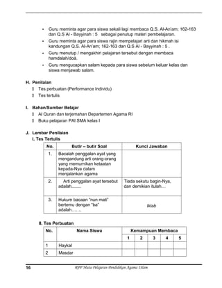 - Guru meminta agar para siswa sekali lagi membaca Q.S. Al-An’am; 162-163
dan Q.S Al - Bayyinah : 5 sebagai penutup materi pembelajaran.
- Guru meminta agar para siswa rajin mempelajari arti dan hikmah isi
kandungan Q.S. Al-An’am; 162-163 dan Q.S Al - Bayyinah : 5 .
- Guru menutup / mengakhiri pelajaran tersebut dengan membaca
hamdalah/doá.
- Guru mengucapkan salam kepada para siswa sebelum keluar kelas dan
siswa menjawab salam.
H. Penilaian
 Tes perbuatan (Performance Individu)
 Tes tertulis
I. Bahan/Sumber Belajar
 Al Quran dan terjemahan Departemen Agama RI
 Buku pelajaran PAI SMA kelas I
J. Lembar Penilaian
I. Tes Tertulis
No. Butir – butir Soal Kunci Jawaban
1. Bacalah penggalan ayat yang
mengandung arti orang-orang
yang memurnikan ketaatan
kepada-Nya dalam
menjalankan agama
2. Arti penggalan ayat tersebut
adalah........
Tiada sekutu bagin-Nya,
dan demikian itulah…
3. Hukum bacaan “nun mati”
bertemu dengan “ba”
adalah…….
Iklab
II. Tes Perbuatan
No. Nama Siswa Kemampuan Membaca
1 2 3 4 5
1 Haykal
2 Masdar
RPP Mata Pelajaran Pendidikan Agama ISlam16
 
