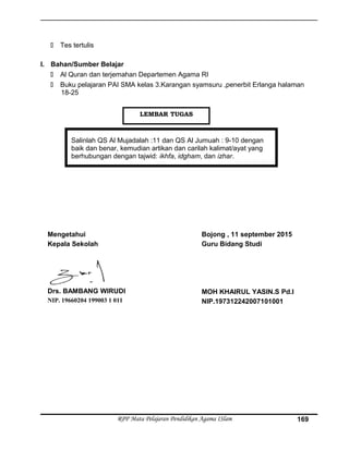  Tes tertulis
I. Bahan/Sumber Belajar
 Al Quran dan terjemahan Departemen Agama RI
 Buku pelajaran PAI SMA kelas 3.Karangan syamsuru ,penerbit Erlanga halaman
18-25
Salinlah QS Al Mujadalah :11 dan QS Al Jumuah : 9-10 dengan
baik dan benar, kemudian artikan dan carilah kalimat/ayat yang
berhubungan dengan tajwid: ikhfa, idgham, dan izhar.
Mengetahui
Kepala Sekolah
Drs. BAMBANG WIRUDI
NIP. 19660204 199003 1 011
Bojong , 11 september 2015
Guru Bidang Studi
MOH KHAIRUL YASIN.S Pd.I
NIP.197312242007101001
RPP Mata Pelajaran Pendidikan Agama ISlam 169
LEMBAR TUGAS
 