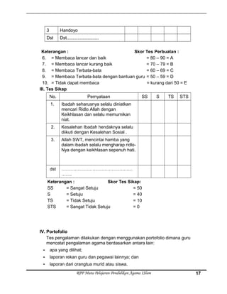 3 Handoyo
Dst Dst..........................
Keterangan : Skor Tes Perbuatan :
6. = Membaca lancar dan baik = 80 – 90 = A
7. = Membaca lancar kurang baik = 70 – 79 = B
8. = Membaca Terbata-bata = 60 – 69 = C
9. = Membaca Terbata-bata dengan bantuan guru = 50 – 59 = D
10. = Tidak dapat membaca = kurang dari 50 = E
III. Tes Sikap
No. Pernyataan SS S TS STS
1. Ibadah seharusnya selalu diniatkan
mencari Ridlo Allah dengan
Keikhlasan dan selalu memurnikan
niat.
2. Kesalehan Ibadah hendaknya selalu
diikuti dengan Kesalehan Sosial .
3. Allah SWT, mencintai hamba yang
dalam ibadah selalu mengharap ridlo-
Nya dengan keikhlasan sepenuh hati.
dst …………………………………………
…….
Keterangan : Skor Tes Sikap:
SS = Sangat Setuju = 50
S = Setuju = 40
TS = Tidak Setuju = 10
STS = Sangat Tidak Setuju = 0
IV. Portofolio
Tes pengalaman dilakukan dengan menggunakan portofolio dimana guru
mencatat pengalaman agama berdasarkan antara lain:
- apa yang dilihat;
- laporan rekan guru dan pegawai lainnya; dan
- laporan dari orangtua murid atau siswa.
RPP Mata Pelajaran Pendidikan Agama ISlam 17
 