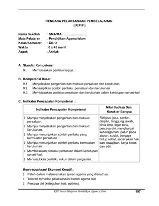 RENCANA PELAKSANAAN PEMBELAJARAN
( R P P )
Nama Sekolah : SMA/MA .............................
Mata Pelajaran : Pendidikan Agama Islam
Kelas/Semester : XII / 2
Waktu : 6 x 45 menit
Aspek : Akhlak
A. Standar Kompetensi
9. Membiasakan perilaku terpuji.
B. Kompetensi Dasar
9.1 Menjelaskan pengertian dan maksud persatuan dan kerukunan
9.2 Menampilkan contoh perilaku persatuan dan kerukunan
9.3 Membiasakan perilaku persatuan dan kerukunan dalam kehidupan sehari-hari
C. Indikator Pencapaian Kompetensi :
Indikator Pencapaian Kompetensi
Nilai Budaya Dan
Karakter Bangsa
 Mampu menjelaskan pengertian dan maksud
persatuan.
 Mampu menjelaskan pengertian dan maksud
kerukunan.
 Mampu menunjukkan contoh perilaku yang
bermuatan persatuan.
 Mampu menunjukkan contoh perilaku bermuatan
kerukunan
 Membiasakan perilaku persatuan dalam kehidupan
sehari-hari.
 Menunjukkan perilalku rukun dalam pergaulan.
Religius, jujur, santun,
disiplin, tanggung jawab,
cinta ilmu, ingin tahu,
percaya diri, menghargai
keberagaman, patuh pada
aturan, sosial, bergaya
hidup sehat, sadar akan hak
dan kewajiban, kerja keras,
dan adil.
Kewirausahaan/ Ekonomi Kreatif :
 Patuh dalam melaksanakan ajaran agama yang dianutnya.
 Toleran terhadap pelaksanaan ibadah agama lain
 Percaya diri (keteguhan hati, optimis).
RPP Mata Pelajaran Pendidikan Agama ISlam 197
 