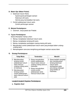 D. Materi Ajar (Materi Pokok)
 Ketentuan hukum Waris:
Syarat-syarat pembagian warisan
Ketentuan ahli waris
Hal-hal yang membatalkan hak waris.
 Contoh pelaksanaan hukum waris
Contoh perhitungan warisan
E. Metode Pembelajaran:
 Ceramah , tanya jawab dan Praktek
F. Tujuan Pembelajaran
Siswa diharapkan mampu untuk :
 Mampu menjelaskan ketentuan hukum waris
 Mampu menjelaskan tentang ahli waris
 Mampu menjelaskan pembagian masing-masing ahli waris.
 Menyebutkan contoh pelaksanaan hukum waris yang terdapat dalam undang-
undang waris
 Memperagakan cara-cara menghitung pembagian warisan secara Islam
G. Strategi Pembelajaran
Tatap Muka Terstruktur Mandiri
 Mendiskusikan
tentang contoh
pelaksanaan hukum
waris menurut
undang-undang waris
di Indonesia
 Mendiskusikan
tentang contoh-
contoh pelaksanaan
waris menurut hukum
adat
 Siswa menyebutkan
contoh pelaksanaan
hukum waris menurut
undang-undang waris di
Indonesia
 Siswa menyebutkan
contoh-contoh
pelaksanaan waris
menurut hukum adat
 Siswa berlatih mengkaji
dan mendiskusikan
tentang ketentuan
hukum waris
berdasarkan pada
perundang-undangan
yang berlaku di
Indonesia.
Langkah-langkah Kegiatan Pembelajaran
a. Kegiatan Awal
RPP Mata Pelajaran Pendidikan Agama ISlam 209
 