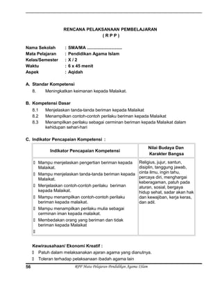 RENCANA PELAKSANAAN PEMBELAJARAN
( R P P )
Nama Sekolah : SMA/MA .............................
Mata Pelajaran : Pendidikan Agama Islam
Kelas/Semester : X / 2
Waktu : 6 x 45 menit
Aspek : Aqidah
A. Standar Kompetensi
8. Meningkatkan keimanan kepada Malaikat.
B. Kompetensi Dasar
8.1 Menjelaskan tanda-tanda beriman kepada Malaikat
8.2 Menampilkan contoh-contoh perilaku beriman kepada Malaikat
8.3 Menampilkan perilaku sebagai cerminan beriman kepada Malaikat dalam
kehidupan sehari-hari
C. Indikator Pencapaian Kompetensi :
Indikator Pencapaian Kompetensi
Nilai Budaya Dan
Karakter Bangsa
 Mampu menjelaskan pengertian beriman kepada
Malaikat.
 Mampu menjelaskan tanda-tanda beriman kepada
Malaikat.
 Menjelaskan contoh-contoh perilaku beriman
kepada Malaikat.
 Mampu menampilkan contoh-contoh perilaku
beriman kepada malaikat.
 Mampu menampilkan perilaku mulia sebagai
cerminan iman kepada malaikat.
 Membedakan orang yang beriman dan tidak
beriman kepada Malaikat

Religius, jujur, santun,
disiplin, tanggung jawab,
cinta ilmu, ingin tahu,
percaya diri, menghargai
keberagaman, patuh pada
aturan, sosial, bergaya
hidup sehat, sadar akan hak
dan kewajiban, kerja keras,
dan adil.
Kewirausahaan/ Ekonomi Kreatif :
 Patuh dalam melaksanakan ajaran agama yang dianutnya.
 Toleran terhadap pelaksanaan ibadah agama lain
RPP Mata Pelajaran Pendidikan Agama ISlam56
 