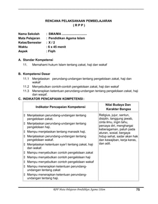 RENCANA PELAKSANAAN PEMBELAJARAN
( R P P )
Nama Sekolah : SMA/MA .............................
Mata Pelajaran : Pendidikan Agama Islam
Kelas/Semester : X / 2
Waktu : 6 x 45 menit
Aspek : Fiqih
A. Standar Kompetensi
11. Memahami hukum Islam tentang zakat, haji dan wakaf
B. Kompetensi Dasar
11.1 Menjelaskan perundang-undangan tentang pengelolaan zakat, haji dan
wakaf
11.2 Menyebutkan contoh-contoh pengelolaan zakat, haji dan wakaf
11.3 Menerapkan ketentuan perundang-undangan tentang pengelolaan zakat, haji
dan waqaf.
C. INDIKATOR PENCAPAIAN KOMPETENSI :
Indikator Pencapaian Kompetensi
Nilai Budaya Dan
Karakter Bangsa
 Menjelaskan perundang-undangan tentang
pengelolaan zakat.
 Menjelaskan perundang-undangan tentang
pengelolaan haji.
 Mampu menjelaskan tentang manasik haji.
 Menjelaskan perundang-undangan tentang
pengelolaan wakaf.
 Menjelaskan ketentuan syar’i tentang zakat, haji
dan wakaf.
 Mampu menyebutkan contoh pengelolaan zakat
 Mampu menyebutkan contoh pengelolaan haji
 Mampu menyebutkan contoh pengelolaan wakaf
 Mampu menerapkan ketentuan perundang-
undangan tentang zakat
 Mampu menerapkan ketentuan perundang-
undangan tentang haji.
Religius, jujur, santun,
disiplin, tanggung jawab,
cinta ilmu, ingin tahu,
percaya diri, menghargai
keberagaman, patuh pada
aturan, sosial, bergaya
hidup sehat, sadar akan hak
dan kewajiban, kerja keras,
dan adil.
RPP Mata Pelajaran Pendidikan Agama ISlam 75
 