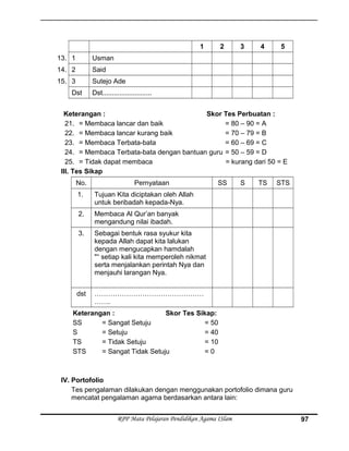 1 2 3 4 5
13. 1 Usman
14. 2 Said
15. 3 Sutejo Ade
Dst Dst..........................
Keterangan : Skor Tes Perbuatan :
21. = Membaca lancar dan baik = 80 – 90 = A
22. = Membaca lancar kurang baik = 70 – 79 = B
23. = Membaca Terbata-bata = 60 – 69 = C
24. = Membaca Terbata-bata dengan bantuan guru = 50 – 59 = D
25. = Tidak dapat membaca = kurang dari 50 = E
III. Tes Sikap
No. Pernyataan SS S TS STS
1. Tujuan Kita diciptakan oleh Allah
untuk beribadah kepada-Nya.
2. Membaca Al Qur’an banyak
mengandung nilai ibadah.
3. Sebagai bentuk rasa syukur kita
kepada Allah dapat kita lalukan
dengan mengucapkan hamdalah
"“ setiap kali kita memperoleh nikmat
serta menjalankan perintah Nya dan
menjauhi larangan Nya.
dst …………………………………………
…….
Keterangan : Skor Tes Sikap:
SS = Sangat Setuju = 50
S = Setuju = 40
TS = Tidak Setuju = 10
STS = Sangat Tidak Setuju = 0
IV. Portofolio
Tes pengalaman dilakukan dengan menggunakan portofolio dimana guru
mencatat pengalaman agama berdasarkan antara lain:
RPP Mata Pelajaran Pendidikan Agama ISlam 97
 