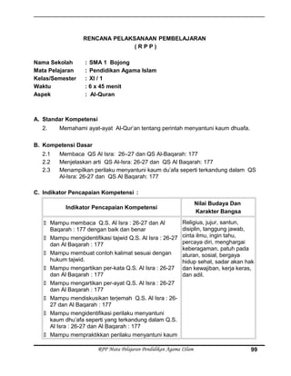 RENCANA PELAKSANAAN PEMBELAJARAN
( R P P )
Nama Sekolah : SMA 1 Bojong
Mata Pelajaran : Pendidikan Agama Islam
Kelas/Semester : XI / 1
Waktu : 6 x 45 menit
Aspek : Al-Quran
A. Standar Kompetensi
2. Memahami ayat-ayat Al-Qur’an tentang perintah menyantuni kaum dhuafa.
B. Kompetensi Dasar
2.1 Membaca QS Al Isra: 26–27 dan QS Al-Baqarah: 177
2.2 Menjelaskan arti QS Al-Isra: 26-27 dan QS Al Baqarah: 177
2.3 Menampilkan perilaku menyantuni kaum du’afa seperti terkandung dalam QS
Al-Isra: 26-27 dan QS Al Baqarah: 177
C. Indikator Pencapaian Kompetensi :
Indikator Pencapaian Kompetensi
Nilai Budaya Dan
Karakter Bangsa
 Mampu membaca Q.S. Al Isra : 26-27 dan Al
Baqarah : 177 dengan baik dan benar
 Mampu mengidentifikasi tajwid Q.S. Al Isra : 26-27
dan Al Baqarah : 177
 Mampu membuat contoh kalimat sesuai dengan
hukum tajwid.
 Mampu mengartikan per-kata Q.S. Al Isra : 26-27
dan Al Baqarah : 177
 Mampu mengartikan per-ayat Q.S. Al Isra : 26-27
dan Al Baqarah : 177
 Mampu mendiskusikan terjemah Q.S. Al Isra : 26-
27 dan Al Baqarah : 177
 Mampu mengidentifikasi perilaku menyantuni
kaum dhu’afa seperti yang terkandung dalam Q.S.
Al Isra : 26-27 dan Al Baqarah : 177
 Mampu mempraktikkan perilaku menyantuni kaum
Religius, jujur, santun,
disiplin, tanggung jawab,
cinta ilmu, ingin tahu,
percaya diri, menghargai
keberagaman, patuh pada
aturan, sosial, bergaya
hidup sehat, sadar akan hak
dan kewajiban, kerja keras,
dan adil.
RPP Mata Pelajaran Pendidikan Agama ISlam 99
 