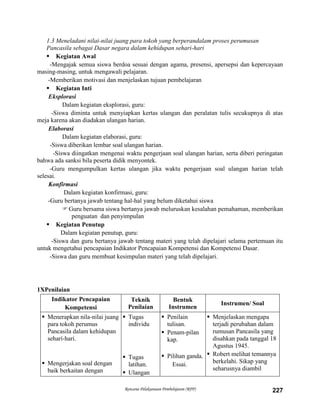 Rencana Pelaksanaan Pembelajaran (RPP) 227
1.3 Meneladani nilai-nilai juang para tokoh yang berperandalam proses perumusan
Pancasila sebagai Dasar negara dalam kehidupan sehari-hari
 Kegiatan Awal
-Mengajak semua siswa berdoa sesuai dengan agama, presensi, apersepsi dan kepercayaan
masing-masing, untuk mengawali pelajaran.
-Memberikan motivasi dan menjelaskan tujuan pembelajaran
 Kegiatan Inti
Eksplorasi
Dalam kegiatan eksplorasi, guru:
-Siswa diminta untuk menyiapkan kertas ulangan dan peralatan tulis secukupnya di atas
meja karena akan diadakan ulangan harian.
Elaborasi
Dalam kegiatan elaborasi, guru:
-Siswa diberikan lembar soal ulangan harian.
-Siswa diingatkan mengenai waktu pengerjaan soal ulangan harian, serta diberi peringatan
bahwa ada sanksi bila peserta didik menyontek.
-Guru mengumpulkan kertas ulangan jika waktu pengerjaan soal ulangan harian telah
selesai.
Konfirmasi
Dalam kegiatan konfirmasi, guru:
-Guru bertanya jawab tentang hal-hal yang belum diketahui siswa
Guru bersama siswa bertanya jawab meluruskan kesalahan pemahaman, memberikan
penguatan dan penyimpulan
 Kegiatan Penutup
Dalam kegiatan penutup, guru:
-Siswa dan guru bertanya jawab tentang materi yang telah dipelajari selama pertemuan itu
untuk mengetahui pencapaian Indikator Pencapaian Kompetensi dan Kompetensi Dasar.
-Siswa dan guru membuat kesimpulan materi yang telah dipelajari.
1XPenilaian
Indikator Pencapaian
Kompetensi
Teknik
Penilaian
Bentuk
Instrumen
Instrumen/ Soal
 Menerapkan nila-nilai juang
para tokoh perumus
Pancasila dalam kehidupan
seharí-hari.
 Mengerjakan soal dengan
baik berkaitan dengan
 Tugas
individu
 Tugas
latihan.
 Ulangan
 Penilain
tulisan.
 Penam-pilan
kap.
 Pilihan ganda.
Essai.
 Menjelaskan mengapa
terjadi perubahan dalam
rumusan Pancasila yang
disahkan pada tanggal 18
Agustus 1945.
 Robert melihat temannya
berkelahi. Sikap yang
seharusnya diambil
 