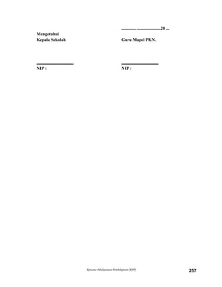 Rencana Pelaksanaan Pembelajaran (RPP) 257
............, ......................20 ...
Mengetahui
Kepala Sekolah Guru Mapel PKN.
.................................. ..................................
NIP : NIP :
 