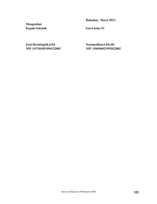 Rencana Pelaksanaan Pembelajaran (RPP) 151
Babadan, Maret 2013.
Mengetahui
Kepala Sekolah Guru kelas IV
Erni Heriningsih,S.Pd Nurmuslihat,S.Pd.SD
NIP :197101051994122002 NIP :196506021992022002
 