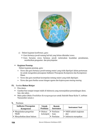 Rencana Pelaksanaan Pembelajaran (RPP)164
c) Dalam kegiatan konfirmasi, guru:
 Guru bertanya jawab tentang hal-hal yang belum diketahui siswa
 Guru bersama siswa bertanya jawab meluruskan kesalahan pemahaman,
memberikan penguatan dan penyimpulan
 Kegiatan Penutup
Dalam kegiatan penutup, guru:
– Siswa dan guru bertanya jawab tentang materi yang telah dipelajari dalam pertemuan
itu untuk mengetahui pencapaian Indikator Pencapaian Kompetensi dan Kompetensi
Dasar.
– Siswa dan guru membuat kesimpulan tentang materi yang telah dipelajari.
– Siswa dan guru berdoa sesuai dengan agama dan kepercayaan masing-masing.
IX. Sumber/Bahan Belajar
 Peta dunia.
 Gambar/foto tempat-tempat indah di Indonesia yang menunjukkan pemandangan darat,
laut, dan udara.
 Buku paket (Buku Pendidikan Kewarganegaraan untuk Sekolah Dasar Kelas V, terbitan
Narasumber umum.)
X. Penilaian
Indikator Pencapaian
Kompetensi
Teknik
Penilaian
Bentuk
Instrumen
Instrumen/ Soal
 Menjelaskan pengertian
NKRI
 Menyebutkan dasar hukum
 Diskusi
kelompok
 Penilaian
lisan.
 Penilaian
 NKRI adalah singkatan
dari
 Indonesia merupakan
 
