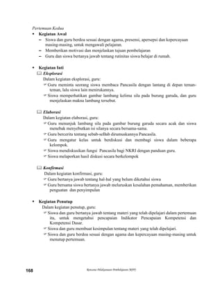 Rencana Pelaksanaan Pembelajaran (RPP)168
Pertemuan Kedua
 Kegiatan Awal
– Siswa dan guru berdoa sesuai dengan agama, presensi, apersepsi dan kepercayaan
masing-masing, untuk mengawali pelajaran.
– Memberikan motivasi dan menjelaskan tujuan pembelajaran
– Guru dan siswa bertanya jawab tentang rutinitas siswa belajar di rumah.
 Kegiatan Inti
 Eksplorasi
Dalam kegiatan eksplorasi, guru:
Guru meminta seorang siswa membaca Pancasila dengan lantang di depan teman-
teman, lalu siswa lain menirukannya.
Siswa memperhatikan gambar lambang kelima sila pada burung garuda, dan guru
menjelaskan makna lambang tersebut.
 Elaborasi
Dalam kegiatan elaborasi, guru:
Guru menunjuk lambang sila pada gambar burung garuda secara acak dan siswa
menebak menyebutkan isi silanya secara bersama-sama.
Guru bercerita tentang sebab-seBab dirumuskannya Pancasila.
Guru mengatur kelas untuk berdiskusi dan membagi siswa dalam beberapa
kelompok.
Siswa mendiskusikan fungsi Pancasila bagi NKRI dengan panduan guru.
Siswa melaporkan hasil diskusi secara berkelompok
 Konfirmasi
Dalam kegiatan konfirmasi, guru:
Guru bertanya jawab tentang hal-hal yang belum diketahui siswa
Guru bersama siswa bertanya jawab meluruskan kesalahan pemahaman, memberikan
penguatan dan penyimpulan
 Kegiatan Penutup
Dalam kegiatan penutup, guru:
Siswa dan guru bertanya jawab tentang materi yang telah dipelajari dalam pertemuan
itu, untuk mengetahui pencapaian Indikator Pencapaian Kompetensi dan
Kompetensi Dasar.
Siswa dan guru membuat kesimpulan tentang materi yang telah dipelajari.
Siswa dan guru berdoa sesuai dengan agama dan kepercayaan masing-masing untuk
menutup pertemuan.
 