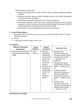 Rencana Pelaksanaan Pembelajaran (RPP) 175
Dalam kegiatan penutup, guru:
bersama-sama dengan peserta didik dan/atau sendiri membuat rangkuman/simpulan
pelajaran;
melakukan penilaian dan/atau refleksi terhadap kegiatan yang sudah dilaksanakan
secara konsisten dan terprogram;
memberikan umpan balik terhadap proses dan hasil pembelajaran;
merencanakan kegiatan tindak lanjut dalam bentuk pembelajaran remedi, program
pengayaan, layanan konseling dan/atau memberikan tugas baik tugas individual
maupun kelompok sesuai dengan hasil belajar peserta didik;
menyampaikan rencana pembelajaran pada pertemuan berikutnya.
E. Sumber/Bahan Belajar
 Buku paket (Buku Pendidikan Kewarganegaraan untuk Sekolah Dasar Kelas V, terbitan
Narasumber umum.)
 Teman
 Lingkungan rumah (keluarga), sekolah, dst.
F. Penilaian
Indikator Pencapaian
Kompetensi
Teknik
Penilaian
Bentuk
Instrumen
Instrumen/ Soal
 Memahami prinsip-prinsip
sikap memelihara keutuhan
NKRI.
 Tugas
individu.
 Penilaian
unjuk kerja
(keberanian
anak memilih
gambar dan
kreativitas
pewarnaan
gambar)
 Penilaian lisan
ketika siswa
menceritakan
gambar dan
alasan
pemilihan
gambar.
 Apabila terjadi
kerusuhan, sikap yang
seharusnya diambil aparat
penegak hukum adalah
.... (gambar A atau
gambar B).
 Sikap pemeluk agama
yang berlainan sebaiknya
adalah .... (gambar a atau
b)
 Apabila melakukan
demonstrasi, sikap yang
seharusnya dilakukan
para peserta demonstrasi
adalah .... (gambar a atau
b)
 Apabila terjadi
kerusuhan, sikap yang
seharusnya diambil aparat
penegak hukum adalah
.... (gambar a atau b)
Format Kriteria Penilaian
 