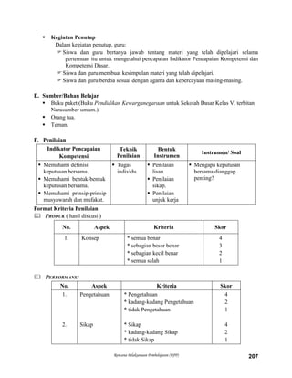 Rencana Pelaksanaan Pembelajaran (RPP) 207
 Kegiatan Penutup
Dalam kegiatan penutup, guru:
Siswa dan guru bertanya jawab tentang materi yang telah dipelajari selama
pertemuan itu untuk mengetahui pencapaian Indikator Pencapaian Kompetensi dan
Kompetensi Dasar.
Siswa dan guru membuat kesimpulan materi yang telah dipelajari.
Siswa dan guru berdoa sesuai dengan agama dan kepercayaan masing-masing.
E. Sumber/Bahan Belajar
 Buku paket (Buku Pendidikan Kewarganegaraan untuk Sekolah Dasar Kelas V, terbitan
Narasumber umum.)
 Orang tua.
 Teman.
F. Penilaian
Indikator Pencapaian
Kompetensi
Teknik
Penilaian
Bentuk
Instrumen
Instrumen/ Soal
 Memahami definisi
keputusan bersama.
 Memahami bentuk-bentuk
keputusan bersama.
 Memahami prinsip-prinsip
musyawarah dan mufakat.
 Tugas
individu.
 Penilaian
lisan.
 Penilaian
sikap.
 Penilaian
unjuk kerja
 Mengapa keputusan
bersama dianggap
penting?
Format Kriteria Penilaian
 PRODUK ( hasil diskusi )
No. Aspek Kriteria Skor
1. Konsep * semua benar
* sebagian besar benar
* sebagian kecil benar
* semua salah
4
3
2
1
 PERFORMANSI
No. Aspek Kriteria Skor
1.
2.
Pengetahuan
Sikap
* Pengetahuan
* kadang-kadang Pengetahuan
* tidak Pengetahuan
* Sikap
* kadang-kadang Sikap
* tidak Sikap
4
2
1
4
2
1
 
