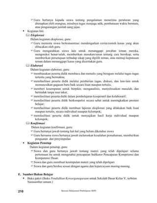 Rencana Pelaksanaan Pembelajaran (RPP)210
Guru bertanya kepada siswa tentang pengalaman menerima peraturan yang
ditetapkan oleh orangtua, misalnya tugas menjaga adik, pembatasan waktu bermain,
atau pengurangan jumlah uang jajan.
 Kegiatan Inti
 Eksplorasi
Dalam kegiatan eksplorasi, guru:
Guru meminta siswa berkonsentrasi mendengarkan cerita/contoh kasus yang akan
dibacakan oleh guru.
Guru mengarahkan siswa lain untuk menanggapi jawaban teman mereka,
mengoreksi benar/salah, memberikan masukan/saran tentang cara bersikap, serta
memberikan persetujuan terhadap sikap yang dipilih teman, atau memuji keputusan
teman dalam menanggapi kasus yang diceritakan guru.
 Elaborasi
Dalam kegiatan elaborasi, guru:
membiasakan peserta didik membaca dan menulis yang beragam melalui tugas-tugas
tertentu yang bermakna;
memfasilitasi peserta didik melalui pemberian tugas, diskusi, dan lain-lain untuk
memunculkan gagasan baru baik secara lisan maupun tertulis;
memberi kesempatan untuk berpikir, menganalisis, menyelesaikan masalah, dan
bertindak tanpa rasa takut;
memfasilitasi peserta didik dalam pembelajaran kooperatif dan kolaboratif;
memfasilitasi peserta didik berkompetisi secara sehat untuk meningkatkan prestasi
belajar;
memfasilitasi peserta didik membuat laporan eksplorasi yang dilakukan baik lisan
maupun tertulis, secara individual maupun kelompok;
memfasilitasi peserta didik untuk menyajikan hasil kerja individual maupun
kelompok;
 Konfirmasi
Dalam kegiatan konfirmasi, guru:
Guru bertanya jawab tentang hal-hal yang belum diketahui siswa
Guru bersama siswa bertanya jawab meluruskan kesalahan pemahaman, memberikan
penguatan dan penyimpulan
 Kegiatan Penutup
Dalam kegiatan penutup, guru:
Siswa dan guru bertanya jawab tentang materi yang telah dipelajari selama
pertemuan itu untuk mengetahui pencapaian Indikator Pencapaian Kompetensi dan
Kompetensi Dasar.
Siswa dan guru membuat kesimpulan materi yang telah dipelajari.
Siswa dan guru berdoa sesuai dengan agama dan kepercayaan masing-masing.
E. Sumber/Bahan Belajar
 Buku paket (Buku Pendidikan Kewarganegaraan untuk Sekolah Dasar Kelas V, terbitan
Narasumber umum.)
 