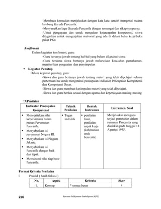 -Membaca kemudian menjelaskan dengan kata-kata sendiri mengenai makna
lambang Garuda Pancasila.
-Menyanyikan lagu Gaaruda Pancasila dengan semangat dan sikap sempurna.
-Untuk pengayaan dan untuk mengukur ketercapaian kompetensi, siswa
ditugaskan untuk mengerjakan soal-soal yang ada di dalam buku kerja/buku
paket PKn
Konfirmasi
Dalam kegiatan konfirmasi, guru:
-Guru bertanya jawab tentang hal-hal yang belum diketahui siswa
-Guru bersama siswa bertanya jawab meluruskan kesalahan pemahaman,
memberikan penguatan dan penyimpulan
 Kegiatan Penutup
Dalam kegiatan penutup, guru:
-Siswa dan guru bertanya jawab tentang materi yang telah dipelajari selama
pertemuan itu untuk mengetahui pencapaian Indikator Pencapaian Kompetensi
dan Kompetensi Dasar.
-Siswa dan guru membuat kesimpulan materi yang telah dipelajari.
-Siswa dan guru berdoa sesuai dengan agama dan kepercayaan masing-masing
!XPenilaian
Indikator Pencapaian
Kompetensi
Teknik
Penilaian
Bentuk
Instrumen
Instrumen/ Soal
 Menceritakan nilai
kebersamaan dalam
proses Perumusan
Pancasila.
 Menyebutkan isi
perumusan Negara RI.
 Menyebutkan isi Piagam
Jakarta.
 Menyebutkan isi
Pancasila dengan baik
dan tepat.
 Memahami nilai tiap butir
Pancasila.
 Tugas
individu
 penilaian
lisan,
penilaian
unjuk kerja
(keberanian
anak
bercerita).
Menjelaskan mengapa
terjadi perubahan dalam
rumusan Pancasila yang
disahkan pada tanggal 18
Agustus 1945.
Format Kriteria Penilaian
 Produk ( hasil diskusi )
No. Aspek Kriteria Skor
1. Konsep * semua benar 4
Rencana Pelaksanaan Pembelajaran (RPP)226
 