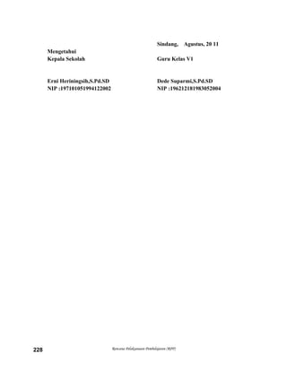 Sindang, Agustus, 20 11
Mengetahui
Kepala Sekolah Guru Kelas V1
Erni Heriningsih,S.Pd.SD Dede Suparmi,S.Pd.SD
NIP :197101051994122002 NIP :196212181983052004
Rencana Pelaksanaan Pembelajaran (RPP)228
 