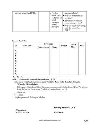 hak, dan kewajiban DPRD.  Penilaia
unjuk kerja
(keberani-an
untuk
menyam-
paikan
pendapat)
kabupaten/kota.?
 Jelaskan pemerintahan
provinsi.?
 Sebutkan kewenangan
pemerintah provinsi.?
 Jelaskan tugas, wewenang,
hak, dan kewajiban
DPRD ?
Lembar Penilaian
No Nama Siswa
Performan
Produk
Jumlah
Skor
Nilai
Pengetahuan Sikap
1.
2.
3.
4.
5.
6.
7.
8.
9.
10.
CATATAN :
Nilai = ( Jumlah skor : jumlah skor maksimal ) X 10.
Untuk siswa yang tidak memenuhi syarat penilaian KKM maka diadakan Remedial.
X.Sumber/Bahan Belajar
 Buku paket (Buku Pendidikan Kewarganegaraan untuk Sekolah Dasar Kelas IV, terbitan
Pusat Perbukuan Departemen Pendidikan Nasional (bse) hal 29
 Orang tua.
 Teman.
Lingkungan rumah (keluarga), sekolah,
Sindang ,Oktober 20 11.
Mengetahui
Kepala Sekolah Guru kls 4.
Rencana Pelaksanaan Pembelajaran (RPP) 129
 