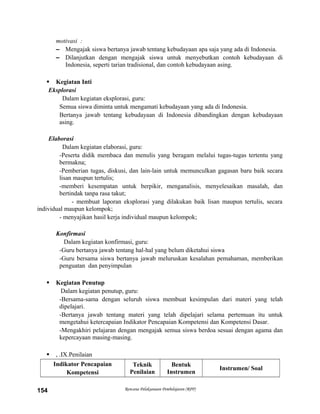 motivasi :
– Mengajak siswa bertanya jawab tentang kebudayaan apa saja yang ada di Indonesia.
– Dilanjutkan dengan mengajak siswa untuk menyebutkan contoh kebudayaan di
Indonesia, seperti tarian tradisional, dan contoh kebudayaan asing.
 Kegiatan Inti
Eksplorasi
Dalam kegiatan eksplorasi, guru:
Semua siswa diminta untuk mengamati kebudayaan yang ada di Indonesia.
Bertanya jawab tentang kebudayaan di Indonesia dibandingkan dengan kebudayaan
asing.
Elaborasi
Dalam kegiatan elaborasi, guru:
-Peserta didik membaca dan menulis yang beragam melalui tugas-tugas tertentu yang
bermakna;
-Pemberian tugas, diskusi, dan lain-lain untuk memunculkan gagasan baru baik secara
lisan maupun tertulis;
-memberi kesempatan untuk berpikir, menganalisis, menyelesaikan masalah, dan
bertindak tanpa rasa takut;
- membuat laporan eksplorasi yang dilakukan baik lisan maupun tertulis, secara
individual maupun kelompok;
- menyajikan hasil kerja individual maupun kelompok;
Konfirmasi
Dalam kegiatan konfirmasi, guru:
-Guru bertanya jawab tentang hal-hal yang belum diketahui siswa
-Guru bersama siswa bertanya jawab meluruskan kesalahan pemahaman, memberikan
penguatan dan penyimpulan
 Kegiatan Penutup
Dalam kegiatan penutup, guru:
-Bersama-sama dengan seluruh siswa membuat kesimpulan dari materi yang telah
dipelajari.
-Bertanya jawab tentang materi yang telah dipelajari selama pertemuan itu untuk
mengetahui ketercapaian Indikator Pencapaian Kompetensi dan Kompetensi Dasar.
-Mengakhiri pelajaran dengan mengajak semua siswa berdoa sesuai dengan agama dan
kepercayaan masing-masing.
 , .IX.Penilaian
Indikator Pencapaian
Kompetensi
Teknik
Penilaian
Bentuk
Instrumen
Instrumen/ Soal
Rencana Pelaksanaan Pembelajaran (RPP)154
 