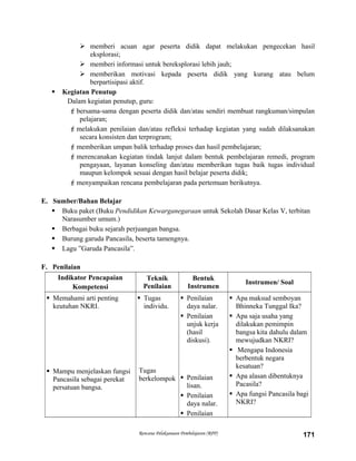  memberi acuan agar peserta didik dapat melakukan pengecekan hasil
eksplorasi;
 memberi informasi untuk bereksplorasi lebih jauh;
 memberikan motivasi kepada peserta didik yang kurang atau belum
berpartisipasi aktif.
 Kegiatan Penutup
Dalam kegiatan penutup, guru:
bersama-sama dengan peserta didik dan/atau sendiri membuat rangkuman/simpulan
pelajaran;
melakukan penilaian dan/atau refleksi terhadap kegiatan yang sudah dilaksanakan
secara konsisten dan terprogram;
memberikan umpan balik terhadap proses dan hasil pembelajaran;
merencanakan kegiatan tindak lanjut dalam bentuk pembelajaran remedi, program
pengayaan, layanan konseling dan/atau memberikan tugas baik tugas individual
maupun kelompok sesuai dengan hasil belajar peserta didik;
menyampaikan rencana pembelajaran pada pertemuan berikutnya.
E. Sumber/Bahan Belajar
 Buku paket (Buku Pendidikan Kewarganegaraan untuk Sekolah Dasar Kelas V, terbitan
Narasumber umum.)
 Berbagai buku sejarah perjuangan bangsa.
 Burung garuda Pancasila, beserta tamengnya.
 Lagu ”Garuda Pancasila”.
F. Penilaian
Indikator Pencapaian
Kompetensi
Teknik
Penilaian
Bentuk
Instrumen
Instrumen/ Soal
 Memahami arti penting
keutuhan NKRI.
 Mampu menjelaskan fungsi
Pancasila sebagai perekat
persatuan bangsa.
 Tugas
individu.
Tugas
berkelompok
 Penilaian
daya nalar.
 Penilaian
unjuk kerja
(hasil
diskusi).
 Penilaian
lisan.
 Penilaian
daya nalar.
 Penilaian
 Apa maksud semboyan
Bhinneka Tunggal Ika?
 Apa saja usaha yang
dilakukan pemimpin
bangsa kita dahulu dalam
mewujudkan NKRI?
 Mengapa Indonesia
berbentuk negara
kesatuan?
 Apa alasan dibentuknya
Pacasila?
 Apa fungsi Pancasila bagi
NKRI?
Rencana Pelaksanaan Pembelajaran (RPP) 171
 