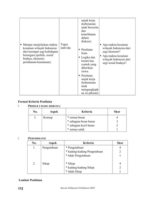  Mampu menjelaskan makna
kesatuan wilayah Indonesia
dari keempat segi kehidupan
bernegara (politik, sosial
budaya, ekonomi,
pertahanan-keamanan).
Tugas
individu
unjuk kerja
(keberanian
anak bercerita
dan
keterlibatan
dalam
diskusi).
 Penilaian
lisan.
 Logika dan
kreativitas
contoh yang
diberikan
siswa.
 Penilaian
unjuk kerja
(keberanian
anak
mengungkapk
an isi pikiran)
 Apa makna kesatuan
wilayah Indonesia dari
segi ekonomi?
 Apa makna kesatuan
wilayah Indonesia dari
segi sosial-budaya?
Format Kriteria Penilaian
 PRODUK ( HASIL DISKUSI )
No. Aspek Kriteria Skor
1. Konsep * semua benar
* sebagian besar benar
* sebagian kecil benar
* semua salah
4
3
2
1
 PERFORMANSI
No. Aspek Kriteria Skor
1.
2.
Pengetahuan
Sikap
* Pengetahuan
* kadang-kadang Pengetahuan
* tidak Pengetahuan
* Sikap
* kadang-kadang Sikap
* tidak Sikap
4
2
1
4
2
1
Lembar Penilaian
Rencana Pelaksanaan Pembelajaran (RPP)172
 