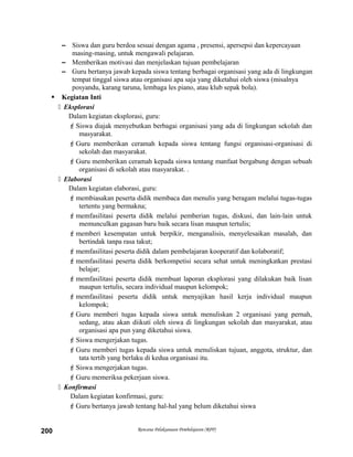– Siswa dan guru berdoa sesuai dengan agama , presensi, apersepsi dan kepercayaan
masing-masing, untuk mengawali pelajaran.
– Memberikan motivasi dan menjelaskan tujuan pembelajaran
– Guru bertanya jawab kepada siswa tentang berbagai organisasi yang ada di lingkungan
tempat tinggal siswa atau organisasi apa saja yang diketahui oleh siswa (misalnya
posyandu, karang taruna, lembaga les piano, atau klub sepak bola).
 Kegiatan Inti
 Eksplorasi
Dalam kegiatan eksplorasi, guru:
Siswa diajak menyebutkan berbagai organisasi yang ada di lingkungan sekolah dan
masyarakat.
Guru memberikan ceramah kepada siswa tentang fungsi organisasi-organisasi di
sekolah dan masyarakat.
Guru memberikan ceramah kepada siswa tentang manfaat bergabung dengan sebuah
organisasi di sekolah atau masyarakat. .
 Elaborasi
Dalam kegiatan elaborasi, guru:
membiasakan peserta didik membaca dan menulis yang beragam melalui tugas-tugas
tertentu yang bermakna;
memfasilitasi peserta didik melalui pemberian tugas, diskusi, dan lain-lain untuk
memunculkan gagasan baru baik secara lisan maupun tertulis;
memberi kesempatan untuk berpikir, menganalisis, menyelesaikan masalah, dan
bertindak tanpa rasa takut;
memfasilitasi peserta didik dalam pembelajaran kooperatif dan kolaboratif;
memfasilitasi peserta didik berkompetisi secara sehat untuk meningkatkan prestasi
belajar;
memfasilitasi peserta didik membuat laporan eksplorasi yang dilakukan baik lisan
maupun tertulis, secara individual maupun kelompok;
memfasilitasi peserta didik untuk menyajikan hasil kerja individual maupun
kelompok;
Guru memberi tugas kepada siswa untuk menuliskan 2 organisasi yang pernah,
sedang, atau akan diikuti oleh siswa di lingkungan sekolah dan masyarakat, atau
organisasi apa pun yang diketahui siswa.
Siswa mengerjakan tugas.
Guru memberi tugas kepada siswa untuk menuliskan tujuan, anggota, struktur, dan
tata tertib yang berlaku di kedua organisasi itu.
Siswa mengerjakan tugas.
Guru memeriksa pekerjaan siswa.
 Konfirmasi
Dalam kegiatan konfirmasi, guru:
Guru bertanya jawab tentang hal-hal yang belum diketahui siswa
Rencana Pelaksanaan Pembelajaran (RPP)200
 