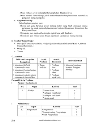 Guru bertanya jawab tentang hal-hal yang belum diketahui siswa
Guru bersama siswa bertanya jawab meluruskan kesalahan pemahaman, memberikan
penguatan dan penyimpulan
 Kegiatan Penutup
Dalam kegiatan penutup, guru:
Siswa dan guru bertanya jawab tentang materi yang telah dipelajari selama
pertemuan itu untuk mengetahui pencapaian Indikator Pencapaian Kompetensi dan
Kompetensi Dasar.
Siswa dan guru membuat kesimpulan materi yang telah dipelajari.
Siswa dan guru berdoa sesuai dengan agama dan kepercayaan masing-masing.
E. Sumber/Bahan Belajar
 Buku paket (Buku Pendidikan Kewarganegaraan untuk Sekolah Dasar Kelas V, terbitan
Narasumber umum.)
 Orang tua.
 Teman.
F. Penilaian
Indikator Pencapaian
Kompetensi
Teknik
Penilaian
Bentuk
Instrumen
Instrumen/ Soal
 Memahami definisi
keputusan bersama.
 Memahami bentuk-bentuk
keputusan bersama.
 Memahami prinsip-prinsip
musyawarah dan mufakat.
 Tugas
individu.
 Penilaian
lisan.
 Penilaian
sikap.
 Penilaian
unjuk kerja
 Mengapa keputusan
bersama dianggap
penting?
Format Kriteria Penilaian
 PRODUK ( hasil diskusi )
No. Aspek Kriteria Skor
1. Konsep * semua benar
* sebagian besar benar
* sebagian kecil benar
* semua salah
4
3
2
1
 PERFORMANSI
No. Aspek Kriteria Skor
1. Pengetahuan * Pengetahuan
* kadang-kadang Pengetahuan
* tidak Pengetahuan
4
2
1
Rencana Pelaksanaan Pembelajaran (RPP)210
 