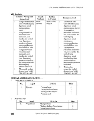 KTSP Perangkat Pembelajaran Tingkat SD, MI, DAN SDLB
VIII. Penilaian
Indikator Pencapaian
Kompetensi
Teknik
Penilaian
Bentuk
Instrumen
Instrumen/ Soal
 Mengidentifikasikan
tombol tombol yang
digunakan untuk
menggerakkan
kursor
 Mengelompokkan
persamaan dari
menu edit, icon
standar dan tombol
yang digunakan
untuk menghapus,
menggandakan dan
memindahkan teks
 Mengelompokkan
persamaan dari
menu edit, icon
standar dan tombol
yang digunakan
untuk membatalkan
dan mengembalikan
perintah yang
terakhir dilakukan
 Menggetik naskah
dengan tema "AKU
DIA DAN KAMU"
Lisan /
Tulisan
Isian Uraian
singkat
 Jelaskanlah cara
tombol tombol yang
digunakan untuk
menggerakkan kursor
 Kelompokkan
persamaan dari menu
edit, icon standar dan
tombol yang
digunakan untuk
menghapus,
menggandakan dan
memindahkan teks
 Kelompokkan
persamaan dari menu
edit, icon standar dan
tombol yang
digunakan untuk
membatalkan dan
mengembalikan
perintah yang terakhir
dilakukan
 Jelaskanlah
pengertian naskah
dengan tema "AKU
DIA DAN KAMU"
FORMAT KRITERIA PENILAIAN
 PRODUK ( HASIL DISKUSI )
No. Aspek Kriteria Skor
1. Konsep * semua benar
* sebagian besar benar
* sebagian kecil benar
* semua salah
4
3
2
1
 PERFORMANSI
No. Aspek Kriteria Skor
1. Pengetahuan * Pengetahuan
* kadang-kadang Pengetahuan
* tidak Pengetahuan
4
2
1
Rencana Pelaksanaan Pembelajaran (RPP)286
 