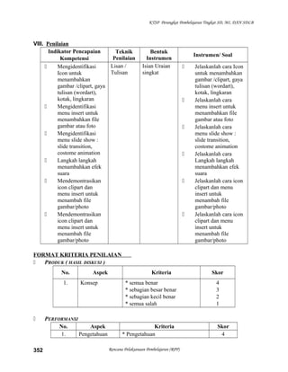 KTSP Perangkat Pembelajaran Tingkat SD, MI, DAN SDLB
VIII. Penilaian
Indikator Pencapaian
Kompetensi
Teknik
Penilaian
Bentuk
Instrumen
Instrumen/ Soal
 Mengidentifikasi
Icon untuk
menambahkan
gambar /clipart, gaya
tulisan (wordart),
kotak, lingkaran
 Mengidentifikasi
menu insert untuk
menambahkan file
gambar atau foto
 Mengidentifikasi
menu slide show :
slide transition,
costome animation
 Langkah langkah
menambahkan efek
suara
 Mendemontrasikan
icon clipart dan
menu insert untuk
menambah file
gambar/photo
 Mendemontrasikan
icon clipart dan
menu insert untuk
menambah file
gambar/photo
Lisan /
Tulisan
Isian Uraian
singkat
 Jelaskanlah cara Icon
untuk menambahkan
gambar /clipart, gaya
tulisan (wordart),
kotak, lingkaran
 Jelaskanlah cara
menu insert untuk
menambahkan file
gambar atau foto
 Jelaskanlah cara
menu slide show :
slide transition,
costome animation
 Jelaskanlah cara
Langkah langkah
menambahkan efek
suara
 Jelaskanlah cara icon
clipart dan menu
insert untuk
menambah file
gambar/photo
 Jelaskanlah cara icon
clipart dan menu
insert untuk
menambah file
gambar/photo
FORMAT KRITERIA PENILAIAN
 PRODUK ( HASIL DISKUSI )
No. Aspek Kriteria Skor
1. Konsep * semua benar
* sebagian besar benar
* sebagian kecil benar
* semua salah
4
3
2
1
 PERFORMANSI
No. Aspek Kriteria Skor
1. Pengetahuan * Pengetahuan 4
Rencana Pelaksanaan Pembelajaran (RPP)352
 