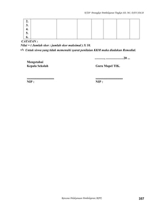 KTSP Perangkat Pembelajaran Tingkat SD, MI, DAN SDLB
2.
3.
4.
5.
6.
CATATAN :
Nilai = ( Jumlah skor : jumlah skor maksimal ) X 10.
 Untuk siswa yang tidak memenuhi syarat penilaian KKM maka diadakan Remedial.
............, ......................20 ...
Mengetahui
Kepala Sekolah Guru Mapel TIK.
.................................. ..................................
NIP : NIP :
Rencana Pelaksanaan Pembelajaran (RPP) 357
 