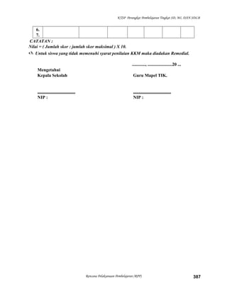 KTSP Perangkat Pembelajaran Tingkat SD, MI, DAN SDLB
6.
7.
CATATAN :
Nilai = ( Jumlah skor : jumlah skor maksimal ) X 10.
 Untuk siswa yang tidak memenuhi syarat penilaian KKM maka diadakan Remedial.
............, ......................20 ...
Mengetahui
Kepala Sekolah Guru Mapel TIK.
.................................. ..................................
NIP : NIP :
Rencana Pelaksanaan Pembelajaran (RPP) 387
 