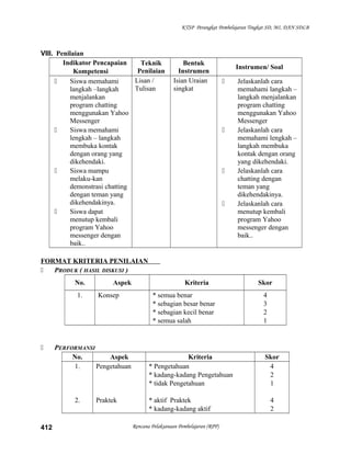 KTSP Perangkat Pembelajaran Tingkat SD, MI, DAN SDLB
VIII. Penilaian
Indikator Pencapaian
Kompetensi
Teknik
Penilaian
Bentuk
Instrumen
Instrumen/ Soal
 Siswa memahami
langkah –langkah
menjalankan
program chatting
menggunakan Yahoo
Messenger
 Siswa memahami
lengkah – langkah
membuka kontak
dengan orang yang
dikehendaki.
 Siswa mampu
melaku-kan
demonstrasi chatting
dengan teman yang
dikehendakinya.
 Siswa dapat
menutup kembali
program Yahoo
messenger dengan
baik..
Lisan /
Tulisan
Isian Uraian
singkat
 Jelaskanlah cara
memahami langkah –
langkah menjalankan
program chatting
menggunakan Yahoo
Messenger
 Jelaskanlah cara
memahami lengkah –
langkah membuka
kontak dengan orang
yang dikehendaki.
 Jelaskanlah cara
chatting dengan
teman yang
dikehendakinya.
 Jelaskanlah cara
menutup kembali
program Yahoo
messenger dengan
baik..
FORMAT KRITERIA PENILAIAN
 PRODUK ( HASIL DISKUSI )
No. Aspek Kriteria Skor
1. Konsep * semua benar
* sebagian besar benar
* sebagian kecil benar
* semua salah
4
3
2
1
 PERFORMANSI
No. Aspek Kriteria Skor
1.
2.
Pengetahuan
Praktek
* Pengetahuan
* kadang-kadang Pengetahuan
* tidak Pengetahuan
* aktif Praktek
* kadang-kadang aktif
4
2
1
4
2
Rencana Pelaksanaan Pembelajaran (RPP)412
 
