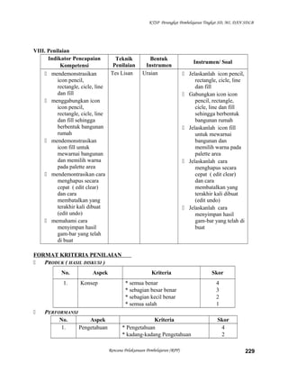 KTSP Perangkat Pembelajaran Tingkat SD, MI, DAN SDLB
VIII. Penilaian
Indikator Pencapaian
Kompetensi
Teknik
Penilaian
Bentuk
Instrumen
Instrumen/ Soal
 mendemonstrasikan
icon pencil,
rectangle, cicle, line
dan fill
 menggabungkan icon
icon pencil,
rectangle, cicle, line
dan fill sehingga
berbentuk bangunan
rumah
 mendemonstrasikan
icon fill untuk
mewarnai bangunan
dan memilih warna
pada palette area
 mendemontrasikan cara
menghapus secara
cepat ( edit clear)
dan cara
membatalkan yang
terakhir kali dibuat
(edit undo)
 memahami cara
menyimpan hasil
gam-bar yang telah
di buat
Tes Lisan Uraian  Jelaskanlah icon pencil,
rectangle, cicle, line
dan fill
 Gabungkan icon icon
pencil, rectangle,
cicle, line dan fill
sehingga berbentuk
bangunan rumah
 Jelaskanlah icon fill
untuk mewarnai
bangunan dan
memilih warna pada
palette area
 Jelaskanlah cara
menghapus secara
cepat ( edit clear)
dan cara
membatalkan yang
terakhir kali dibuat
(edit undo)
 Jelaskanlah cara
menyimpan hasil
gam-bar yang telah di
buat
FORMAT KRITERIA PENILAIAN
 PRODUK ( HASIL DISKUSI )
No. Aspek Kriteria Skor
1. Konsep * semua benar
* sebagian besar benar
* sebagian kecil benar
* semua salah
4
3
2
1
 PERFORMANSI
No. Aspek Kriteria Skor
1. Pengetahuan * Pengetahuan
* kadang-kadang Pengetahuan
4
2
Rencana Pelaksanaan Pembelajaran (RPP) 229
 