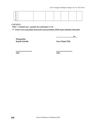KTSP Perangkat Pembelajaran Tingkat SD, MI, DAN SDLB
1.
2.
3.
4.
CATATAN :
Nilai = ( Jumlah skor : jumlah skor maksimal ) X 10.
 Untuk siswa yang tidak memenuhi syarat penilaian KKM maka diadakan Remedial.
............, ......................20 ...
Mengetahui
Kepala Sekolah Guru Mapel TIK.
.................................. ..................................
NIP : NIP :
`
Rencana Pelaksanaan Pembelajaran (RPP)256
 