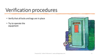 Verification procedures
• Verify that all locks and tags are in place
• Try to operate the
equipment
Prepared By | Safety Professional | www.safetygoodwe.com 11
 