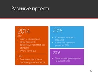 Развитие проекта
10
• Создание интернет-
магазина
• Охват планируемого
рынка на 20%
2014
• Охват планируемого рынка
на 50% и более
Есть:
• Идея и концепция
• Базы данных в
различных предметных
областях
• Опыт, команда
План:
• Создание прототипа
системы умного поиска
2015
2016
 