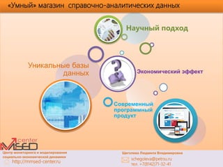 Центр мониторинга и моделирования
социально-экономической динамики
http://mmsed-center.ru
schegoleva@petrsu.ru
тел. +7(8142)71-32-41
Щеголева Людмила Владимировна
«Умный» магазин справочно-аналитических данных
Уникальные базы
данных
Современный
программный
продукт
Экономический эффект
Научный подход
 