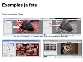 Exemples ja fets Alguns exemples del Picasa: En les dos imatges , es veu com és tranforma l'imatge amb saturació                 Un Collage , amb Picasa 3                                              Imatge retocada amb sepia 