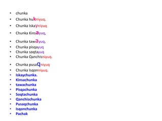 • chunka
• Chunka hukniyuq.
• Chunka Iskayniyuq
• Chunka Kinsayuq,
• Chunka tawayuq,
• Chunka pisqayuq
• Chunka soqtayuq
• Chunka Qanchisniyuq.
• Chunka pusaqniyuq
• Chunka Isqonniyuq.
• Iskaychunka.
• Kinsachunka
• tawachunka
• Pisqachunka
• Soqtachunka
• Qanchischunka
• Pusaqchunka
• Isqonchunka
• Pachak
 