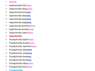 • Pachak.
• Isqonchunka hukniyuq.
• Isqonchunka iskayniyuq
• Isqonchunka kinsayuq
• Isqonchunka tawayoq.
• Isqonchunka pisqayoq.
• Isqonchunka soqtayuq.
• Isqonchunka qanchisniyuq.
• Isqonchunka pusaqniyuq.
• Isqonchunka isqonniyuq
• Isqonchunka
• Pusaqchunka isqonniyuq.
• Pusaqchunka pusaqniyuq.
• Pusaqchunka qanchisniyoq.
• Pusaqchunka soqtayoq.
• Pusaqchunka pisqayuq.
• Pusaqchunka tawayuq.
• Pusaqchunka kinsayuq.
• Pusaqchunka iskayniyuq.
• Pusaqchunka hukniyuq.
• Pusaqchunka,
 