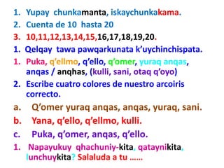 1. Yupay chunkamanta, iskaychunkakama.
2. Cuenta de 10 hasta 20
3. 10,11,12,13,14,15,16,17,18,19,20.
1. Qelqay tawa pawqarkunata k’uychinchispata.
1. Puka, q’ellmo, q’ello, q’omer, yuraq anqas,
anqas / anqhas, (kulli, sani, otaq q’oyo)
2. Escribe cuatro colores de nuestro arcoiris
correcto.
a. Q’omer yuraq anqas, anqas, yuraq, sani.
b. Yana, q’ello, q’ellmo, kulli.
c. Puka, q’omer, anqas, q’ello.
1. Napayukuy qhachuniy-kita, qataynikita,
lunchuykita? Salaluda a tu ……
 