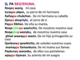 Q, PA SEQ’EKUNA.
Noqaq wasiy, mi casa
turaypa alqon, su perro de mi hermano
ñañaypa chukchan. De mi hermana su cabello
Qanpa atoqniyki, el zorro de ti
Paypa llikllan. De ella su manta.
Noqanchispa wasinchis. De nosotros nuestra casa
Noqaykuq wasiyku, de nosotros nuestra casa
phiwi wawaypa wasin. De mi hijo primogenito su
casa
Qankunaq qowikichis, de ustedes vuestros cuyes
mamaypa llamankuna. De mi mama sus llamas
Paykunaq waranku, de ellos sus pantalones
aqeypa tiyanan. Su asiento de mi suegra
 