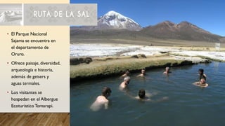• El Parque Nacional
Sajama se encuentra en
el departamento de
Oruro.
• Ofrece paisaje, diversidad,
arqueología e historia,
además de geisers y
aguas termales.
• Los visitantes se
hospedan en el Albergue
EcoturísticoTomarapi.
 