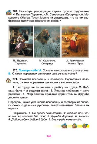 Ж 369. Рассмотри репродукции картин русских художников
йи И. Пелевина «Первенец», М. Самсонова «Сестрица», А. Ма­
ковского «Жатва. Труд». Можно ли утверждать, что на них изо­
бражены различные проявления любви?
И . Пелевин. М . Самсонов. А. Маковский.
Первенец Сестрица Жатва. Труд
370. Проверь себя! А. Составь список главных слов урока.
Б. О каких моральных ценностях шла речь на уроке?
371. Прочитай пословицы и поговорки. Подготовься пояс­
нить, о каких моральных ценностях в них говорится.
1. Без труда не выловишь и рыбку из пруда. 2. Доб­
рым быть - в радости жить. 3. Родина любимая - мать
родимая. 4. Мир только правдою держится. 5. Дружба
дороже денег.
Определи, какие украинские пословицы и поговорки из справ­
ки схожи с данными русскими высказываниями. Запиши их
парами.
С п р а в к а . 1. На правді світ стоїть. 2. Людина без Віт­
чизни, як соловей без пісні. 3. Дружба дорожча за золото.
4. Добре роби - добре й буде. 5. Без труда нема плода.
 