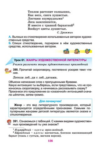 Теплом растопит солнышко,
Как воск, снега пушистые.
Листами изумрудными1
Леса зазеленеются,
И вместе с травкой бархатной2
Взойдут цветы душистые.
С. Дрожжин
А. Выпиши из стихотворения использованные автором художе­
ственные средства.
Б. Спиши стихотворение, подчеркни в нём художественные
средства, использованные автором.
Урок 61. ЖАНРЫ ХУДОЖЕСТВЕННОЙ ЛИТЕРАТУРЫ
Учимся различать жанры художественных произведений
390. Прочитай скороговорку, постепенно ускоряя темп чте­
ния.
Летели леб..ди с леб..дятами.
Объясни написание слов с пропущенными буквами.
Какую интонацию ты выберешь, если представишь, что не про­
износишь скороговорку, а начинаешь рассказывать сказку?
Произнеси это предложение со «сказочной» интонацией снача­
ла шёпотом, затем громко.
Для почемучек!
Жанр - это вид литературного произведения, который
характеризуется определёнными признаками. Самыми по­
пулярными жанрами детской литературы являются сказка и
стихотворение.
391. Ознакомься с таблицей. С какими видами художествен­
ных произведений ты уже знаком?
1Изумрудный - з д е с ь : ярко-зелёный.
2Бархатный — з д е с ь : мягкостью, блеском напоминающий
бархат (ткань с густым, мягким ворсом).
156
 