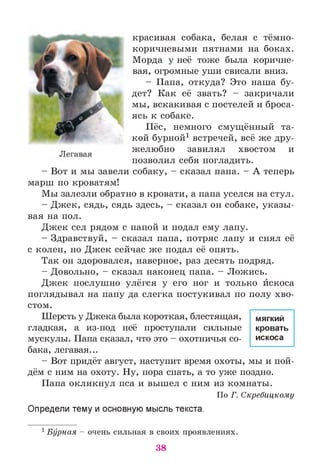 красивая собака, белая с тёмно­
коричневыми пятнами на боках.
Морда у неё тоже была коричне­
вая, огромные уши свисали вниз.
- Папа, откуда? Это наша бу­
дет? Как её звать? - закричали
мы, вскакивая с постелей и броса­
ясь к собаке.
Пёс, немного смущённый та­
кой бурной1 встречей, всё же дру­
желюбно завилял хвостом и
позволил себя погладить.
- Вот и мы завели собаку, - сказал папа. - А теперь
марш по кроватям!
Мы залезли обратно в кровати, а папа уселся на стул.
- Джек, сядь, сядь здесь, - сказал он собаке, указы­
вая на пол.
Джек сел рядом с папой и подал ему лапу.
- Здравствуй, - сказал папа, потряс лапу и снял её
с колен, но Джек сейчас же подал её опять.
Так он здоровался, наверное, раз десять подряд.
- Довольно, - сказал наконец папа. - Ложись.
Джек послушно улёгся у его ног и только искоса
поглядывал на папу да слегка постукивал по полу хво­
стом.
Шерсть у Джека была короткая, блестящая,
гладкая, а из-под неё проступали сильные
мускулы. Папа сказал, что это - охотничья со­
бака, легавая...
- Вот придёт август, наступит время охоты, мы и пой­
дём с ним на охоту. Ну, пора спать, а то уже поздно.
Папа окликнул пса и вышел с ним из комнаты.
По Г. Скребицкому
Определи тему и основную мысль текста.
1Бурная - очень сильная в своих проявлениях.
мягкий
кровать
искоса
38
 