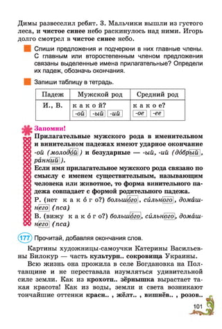 Димы развеселил ребят. 3. Мальчики вышли из густого
леса, и чистое синее небо раскинулось над ними. Игорь
долго смотрел в чистое синее небо.
Спиши предложения и подчеркни в них главные члены.
С главным или второстепенным членом предложения
связаны выделенные имена прилагательные? Определи
их падеж, обозначь окончания.
Запиши таблицу в тетрадь.
Падеж Мужской род Средний род
И., В. к а к о й ?
-ой -ый -ий
к а к о е ?
-ое -ее
Запомни!
Прилагательные мужского рода в именительном
и винительном падежах имеют ударное окончание
-ой (молодби) и безударные ый, -ий (добрый],
рйннйЩ).
Если имя прилагательное мужского рода связано по
смыслу с именем существительным, называющим
человека или животное, то форма винительного па­
дежа совпадает с формой родительного падежа.
Р. (нет к а к о г о ? ) болъиМго, сйльного, домйш-
него (пса)
В. (вижу к а к о г о?) большогоI, сйлънЩо, домаш-
(пса)него
(177) Прочитай, добавляя окончания слов.
Картины художницы-самоучки Катерины Васильев­
ны Билокур — часть культурн.. сокровища Украины.
Всю жизнь она прожила в селе Богдановка на Пол­
тавщине и не переставала изумляться удивительной
силе земли. Как из крохотн.. зёрнышка вырастает та­
кая красота! Как из воды, земли и света возникают
тончайшие оттенки красн.. , жёлт.. , вишнёв.. , розов..
 