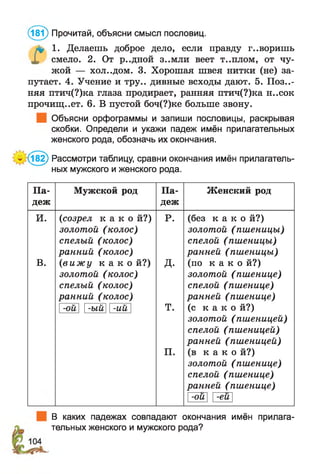 (181) Прочитай, объясни смысл пословиц.
л* 1. Делаешь доброе дело, если правду говоришь
X смело. 2. От Р..ДНОЙ З..МЛИ веет Т..ПЛОМ, от чу­
жой — хол..дом. 3. Хорошая швея нитки (не) за­
путает. 4. Учение и тру., дивные всходы дают. 5. Позд­
няя птич(?)ка глаза продирает, ранняя птич(?)ка н..сок
прочищ..ет. 6. В пустой боч(?)ке больше звону.
Объясни орфограммы и запиши пословицы, раскрывая
скобки. Определи и укажи падеж имён прилагательных
женского рода, обозначь их окончания.
(182) Рассмотри таблицу, сравни окончания имён прилагатель­
ных мужского и женского рода.
П а­ Мужской род П а­ Женский род
деж деж
И. (|созрел к а к о й ? )
золотой (колос)
спелый (колос)
ранний (колос)
Р. (без к а к о й?)
золотой (пшеницы)
спелой (пшеницы)
ранней (пшеницы)
В. (вижу к а к о й?)
золотой (колос)
спелый (колос)
ранний (колос)
д. (по к а к о й?)
золотой (пшенице)
спелой (пшенице)
ранней (пшенице)
-ой -ый -ий т.
п.
(с к а к о й?)
золотой (пшеницей)
спелой (пшеницей)
ранней (пшеницей)
(в к а к о й?)
золотой (пшенице)
спелой (пшенице)
ранней (пшенице)
-ои -ей
В каких падежах совпадают окончания имён прилага­
тельных женского и мужского рода?
 