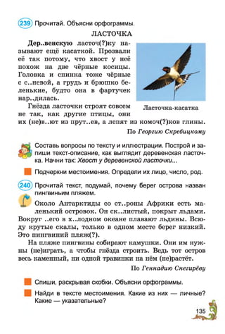 (239) Прочитай. Объясни орфограммы.
ЛАСТОЧКА
Деревенскую ласточ(?)ку на­
зывают ещё касаткой. Прозвали
её так потому, что хвост у неё
похож на две чёрные косицы.
Головка и спинка тоже чёрные
с с..невой, а грудь и брюшко бе­
ленькие, будто она в фартучек
нар..дилась.
Гнёзда ласточки строят совсем
не так, как другие птицы, они
их (не)в..ют из прут..ев, а лепят из комоч(?)ков глины.
По Георгию Скребицкому
Составь вопросы по тексту и иллюстрации. Построй и за­
пиши текст-описание, как выглядит деревенская ласточ­
ка. Начни так: Хвост у деревенской ласточки...
Подчеркни местоимения. Определи их лицо, число, род.
(240) Прочитай текст, подумай, почему берег острова назван
пингвиньим пляжем.
Около Антарктиды со ст..роны Африки есть ма­
ленький островок. Он скалистый, покрыт льдами.
Вокруг ..его в х..лодном океане плавают льдины. Всю­
ду крутые скалы, только в одном месте берег низкий.
Это пингвиний пляж(?).
На пляже пингвины собирают камушки. Они им нуж­
ны (не)играть, а чтобы гнёзда строить. Ведь тот остров
весь каменный, ни одной травинки на нём (не)растёт.
По Геннадию Снегирёву
Спиши, раскрывая скобки. Объясни орфограммы.
Найди в тексте местоимения. Какие из них — личные?
Какие — указательные?
 