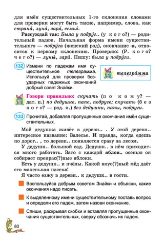 для имён существительных 1-го склонения словами
для проверки могут быть такие, например, слова, как
страна, луна, заря, семья.
Рассуждай так: Была у подруг., (у к о г о?) — роди­
тельный падеж. Начальная форма имени существи­
тельного — подруга (женский род), окончание -а, отно­
сится к первому склонению. Проверяю: (Р. к о г о ?
ч е г о?) — луны , зари. Пишу: была у подруги.
(132) Измени по падежам имя су- — ------------------------
ществительное телеграмма. Ш телегр&Мма
Используй для проверки без- - -----
ударных падежных окончаний
добрый совет Знайки.
МГовори правильно: скучать ( п о к о м у ? —
дат. п.) по дедушке, папе, подруге; скучать ( б е з
к о г о ? — род. п.) без дедушки, папы, подруги.
Прочитай, добавляя пропущенные окончания имён суще­
ствительных.
Мой дедушка живёт в деревн.. . У этой деревн..
интересное название: Залесье. И правда, когда едешь
по дорог.. , то деревн.. появляется сразу за лесом.
У дедушк.. большой сад. Дедушк.. в нём приходит­
ся много работать. Зато с каждой яблон.. осенью он
собирает прекрас(?)ные яблоки.
Есть у дедушк.. и пчёлы. Какой вкус(?)ный мёд даёт
его маленькая пасека!
Я часто езжу в деревн.. к дедушк.. в гости.
Воспользуйся добрым советом Знайки и объясни, какие
окончания надо писать.
К выделенному имени существительному поставь вопрос
и определи его падеж, затем назови окончание.
Спиши, раскрывая скобки и вставляя пропущенные окон­
чания существительных, сверху обозначь их падеж.
 
